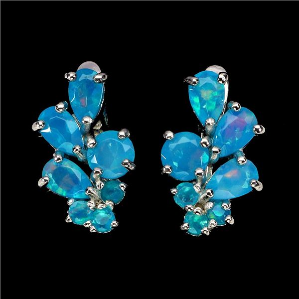 BLUE OPAL EARRINGS IN 14K WHITE PLATED GOLD OVER 925 STERLING SILVER - APPRAISED REPLACEMENT VALUE