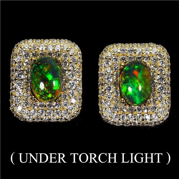 BLACK OPAL EARRINGS IN 14K YELLOW PLATED GOLD OVER 925 STERLING SILVER - APPRAISED REPLACEMENT VALUE
