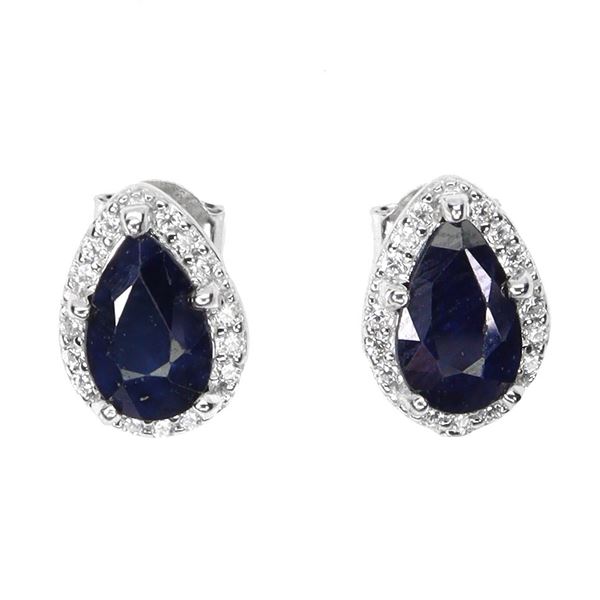 PEAR CUT BLUE SAPPHIRE EARRINGS IN 14K WHITE PLATED GOLD OVER 925 STERLING SILVER - APPRAISED REPLAC