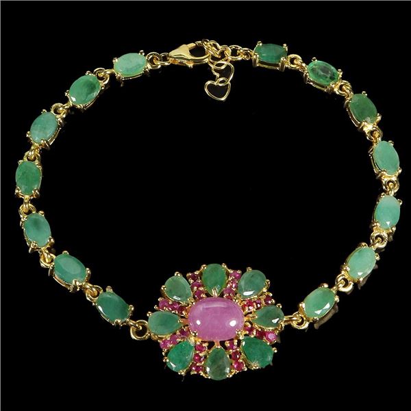 EMERALD AND RUBY BRACELET IN 14K YELLOW PLATED GOLD OVER 925 STERLING SILVER - 7.5 INCHES LONG - APP