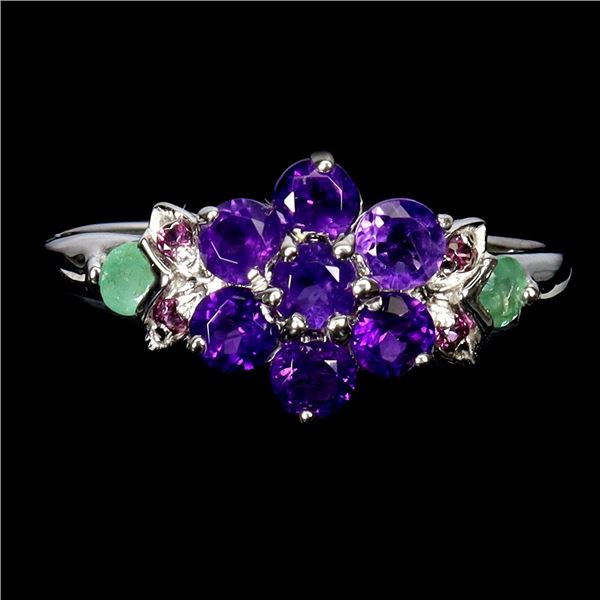 AMETHYST AND EMERALD RING IN 14K WHITE PLATED GOLD OVER 925 STERLING SILVER - SIXE 7 - APPRAISED REP