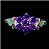 Image 1 : AMETHYST AND EMERALD RING IN 14K WHITE PLATED GOLD OVER 925 STERLING SILVER - SIXE 7 - APPRAISED REP