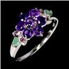 Image 2 : AMETHYST AND EMERALD RING IN 14K WHITE PLATED GOLD OVER 925 STERLING SILVER - SIXE 7 - APPRAISED REP