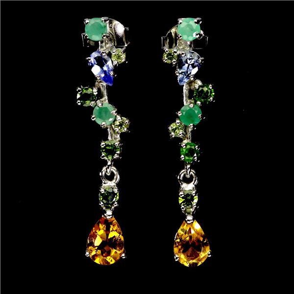 EMERALD, CITRINE AND PERIDOT EARRINGS IN 14K WHITE PLATED GOLD OVER 925 STERLING SILVER - APPRAISED 