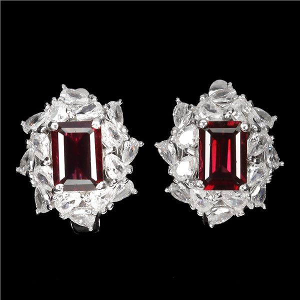 RHODOLITE GARNET EARRINGS IN 14K WHITE PLATED GOLD OVER 925 STERLING SILVER - APPRAISED REPLACEMENT 