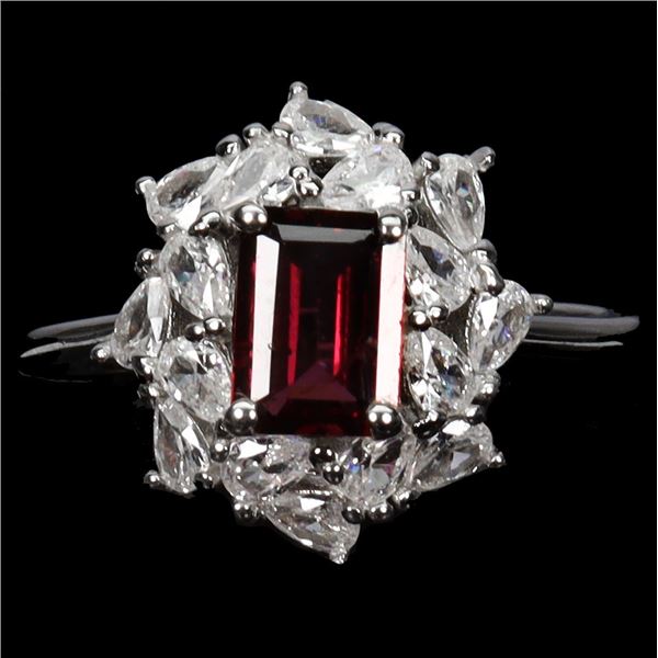 RHODOLITE GARNET RING IN 14K WHITE PLATED GOLD OVER 925 STERLING SILVER - SIZE 7 - APPRAISED REPLACE