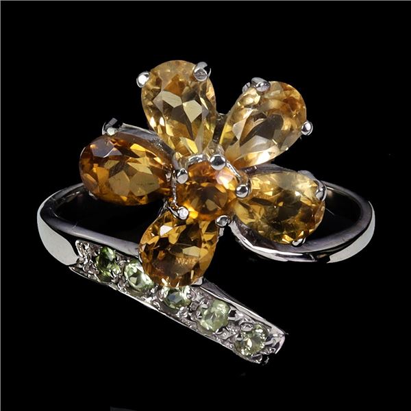 CITRINE AND PERIDOT RING IN 14K WHITE PLATED GOLD OVER 925 STERLING SILVER - SIZE 8 - APPRAISED REPL