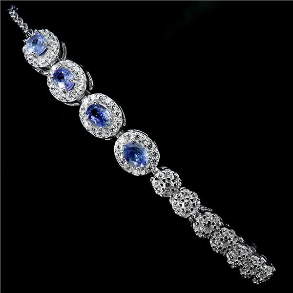 TANZANITE BRACELET IN 14K WHITE PLATED GOLD OVER 925 STERLING SILVER - 7.5 INCHES LONG - APPRAISED R