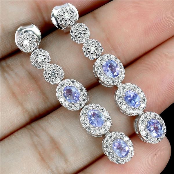 TANZANITE EARRINGS IN 14K WHITE PLATED GOLD OVER 925 STERLING SILVER - APPRAISED REPLACEMENT VALUE