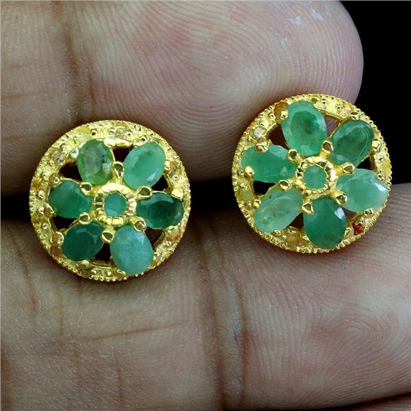EMERALD AND SAPPHIRE EARRINGS IN 14K YELLOW PLATED GOLD OVER 925 STERLING SILVER - APPRAISED REPLACE