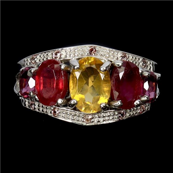 CITRINE AND RUBY RING IN 14K WHITE PLATED GOLD OVER 925 STERLING SILVER - SIZE 7 - APPRAISED REPLACE