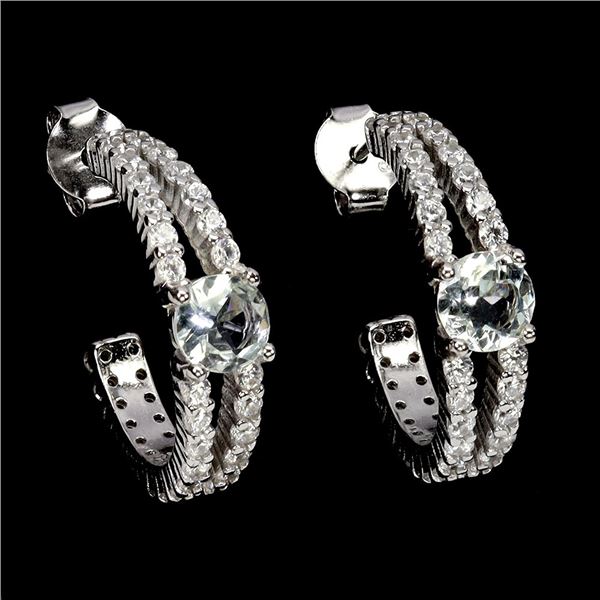 ROUND CUT AQUAMARINE EARRINGS IN 14K WHITE PLATED GOLD OVER 925 STERLING SILVER - APPRAISED REPLACEM