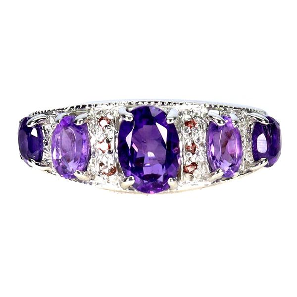 AMETHYST AND SAPPHIRE RING IN 14K WHITE PLATED GOLD OVER 925 STERLING SILVER - SIZE 7 - APPRAISED RE