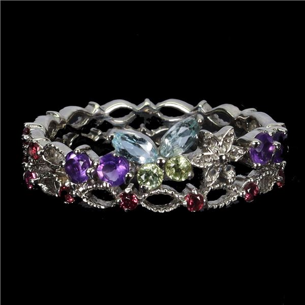 SKY BLUE TOPAZ, AMETHYST, PERIDOT, RHODOLITE GARNET RING IN 14K WHITE PLATED GOLD OVER 925 STERLING 