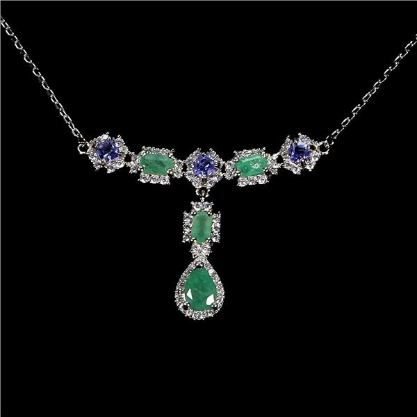 EMERALD AND TANZANITE NECKLACE IN 14K WHITE PLATED GOLD OVER 925 STERLING SILVER - 19 INCHES - APPRA