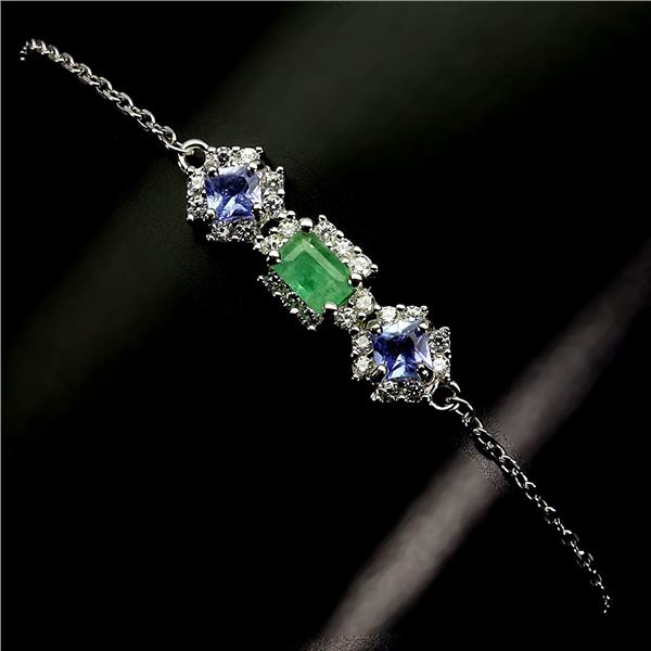 EMERALD AND TANZANITE BRACELET IN 14K WHITE PLATED GOLD OVER 925 STERLING SILVER - 8 INCHES LONG - A