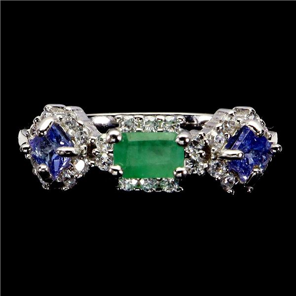 EMERALD AND TANZANITE RING IN 14K WHITE PLATED GOLD OVER 925 STERLING SILVER - SIZE 8 - APPRAISED RE