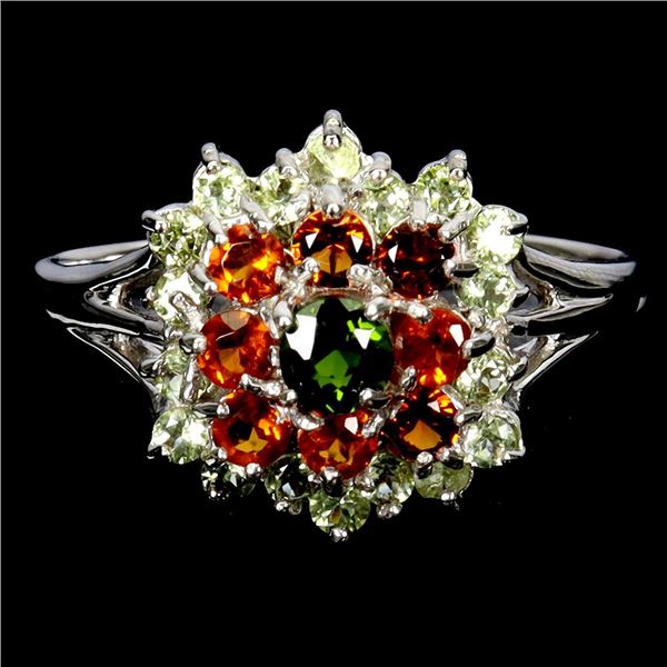 CHROME DIOPSIDE, CITRINE, PERIDOT RING IN 14K WHITE PLATED GOLD OVER 925 STERLING SILVER - SIZE 9 - 