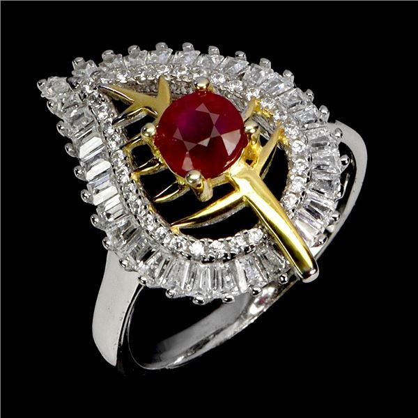 RUBY RING IN 14K WHITE PLATED GOLD OVER 925 STERLING SILVER - SIZE 8 - APPRAISED REPLACEMENT VALUE