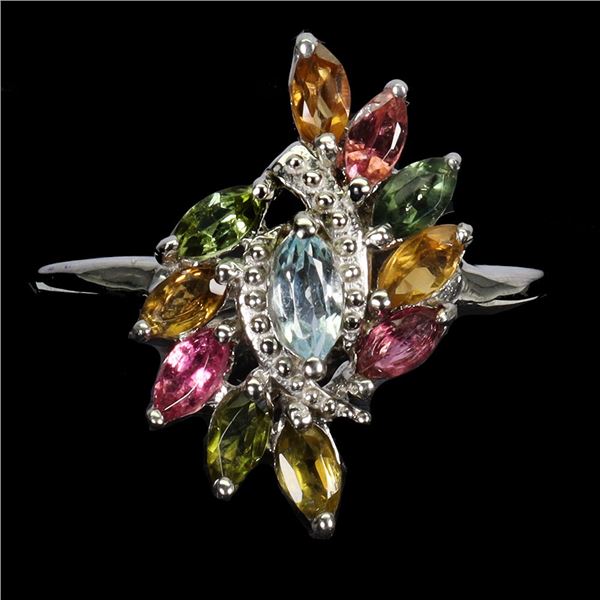 SKY BLUE TOPAZ AND TOURMALINE IN 14K WHITE PLATED GOLD OVER 925 STERLING SILVER - SIZE 8 - APPRAISED