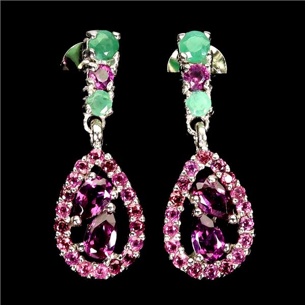 RHODOLITE GARNET AND EMERALD EARRINGS IN 14K WHITE PLATED GOLD OVER 925 STERLING SILVER - APPRAISED 
