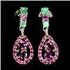 Image 1 : RHODOLITE GARNET AND EMERALD EARRINGS IN 14K WHITE PLATED GOLD OVER 925 STERLING SILVER - APPRAISED 