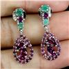 Image 2 : RHODOLITE GARNET AND EMERALD EARRINGS IN 14K WHITE PLATED GOLD OVER 925 STERLING SILVER - APPRAISED 
