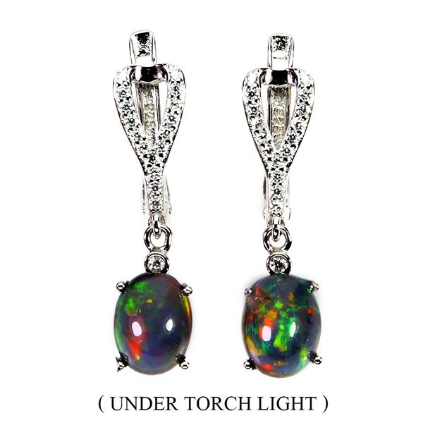 BLACK OPAL EARRINGS IN 14K WHITE PLATED GOLD OVER 925 STERLING SILVER - APPRAISED REPLACEMENT VALUE