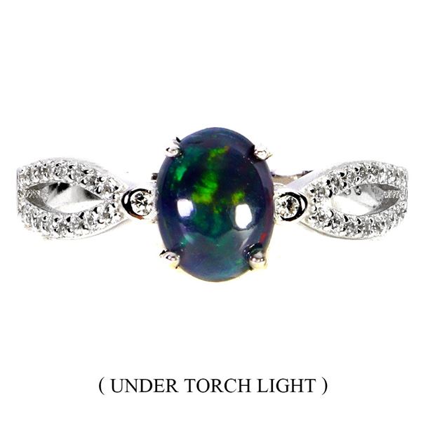 BLACK OPAL RING IN 14K WHITE PLATED GOLD OVER 925 STERLING SILVER - SIZE 8 - APPRAISED REPLACEMENT V