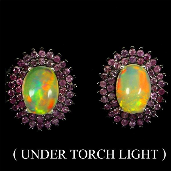 FIRE OPAL AND SAPPHIRE EARRINGS IN 14K WHITE PLATED GOLD OVER 925 STERLING SILVER - APPRAISED REPLAC