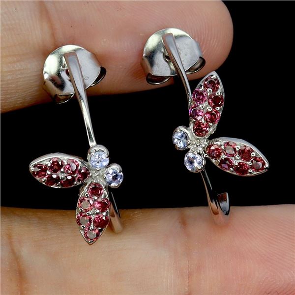 RHODOLITE GARNET AND TANZANITE EARRINGS IN 14K WHITE PLATED GOLD OVER 925 STERLING SILVER - APPRAISE