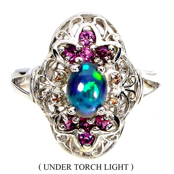 BLACK OPAL, RHODOLITE GARNET AND SAPPHIRE RING IN 14K WHITE PLATED GOLD OVER 925 STERLING SILVER - S