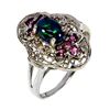 Image 2 : BLACK OPAL, RHODOLITE GARNET AND SAPPHIRE RING IN 14K WHITE PLATED GOLD OVER 925 STERLING SILVER - S