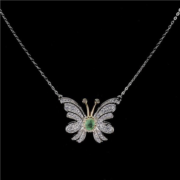 EMERALD BUTTERFLY SHAPPED NECKLACE IN 14K WHITE PLATED GOLD OVER 925 STERLING SILVER -18 INCHES LONG