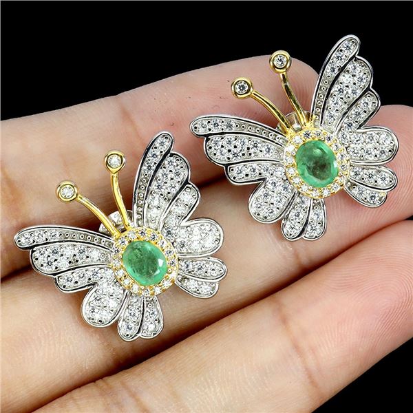EMERALD BUTTERFLY SHAPPED EARRINGS IN 14K WHITE PLATED GOLD OVER 925 STERLING SILVER - APPRAISED REP