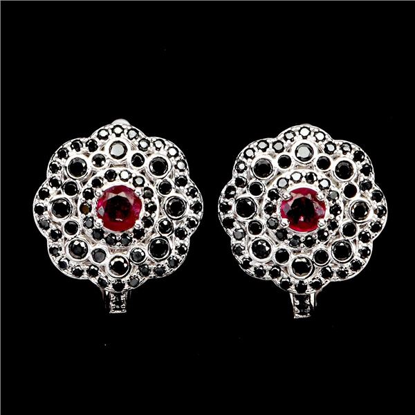 RUBY AND BLACK SPINEL EARRINGS IN 14K WHITE PLATED GOLD OVER 925 STERLING SILVER - APPRAISED REPLACE