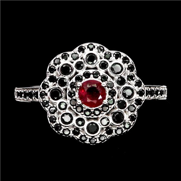 RUBY AND BLACK SPINEL RING IN 14K WHITE PLATED GOLD OVER 925 STERLING SILVER - SIZE 8 - APPRAISED RE