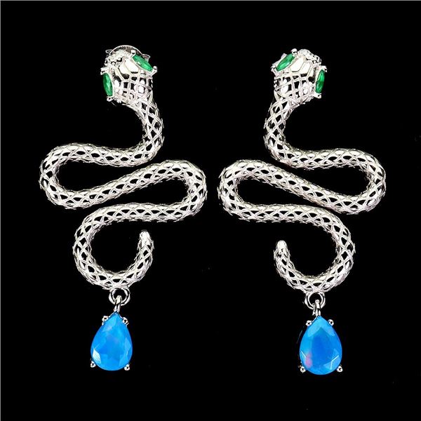 BLUE OPAL COBRA SHAPPED EARRINGS IN 14K WHITE PLATED GOLD OVER 925 STERLING SILVER - APPRAISED REPLA