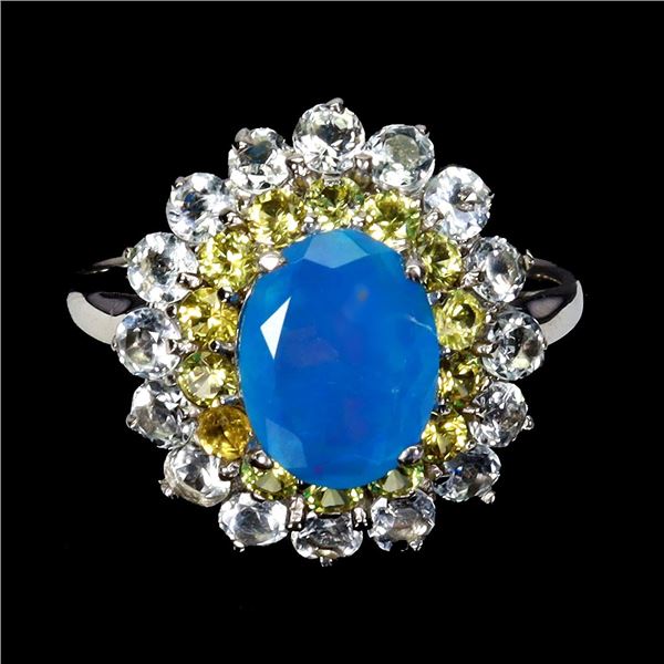 BLUE OPAL AND SAPPHIRE RING EMERALD IN 14K WHITE PLATED GOLD OVER 925 STERLING SILVER â€[x=