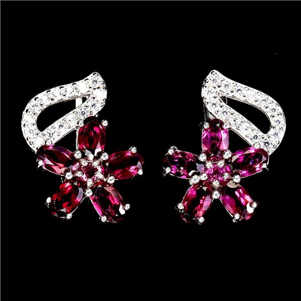 RHODOLITE GARNET EARRINGS IN 14K WHITE PLATED GOLD OVER 925 STERLING SILVER - APPRAISED REPLACEMENT 