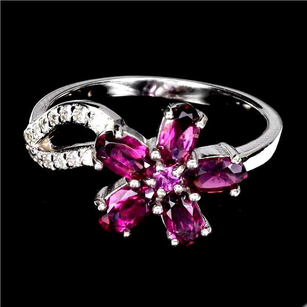 RHODOLITE GARNET RING IN 14K WHITE PLATED GOLD OVER 925 STERLING SILVER - SIZE 9 - APPRAISED REPLACE