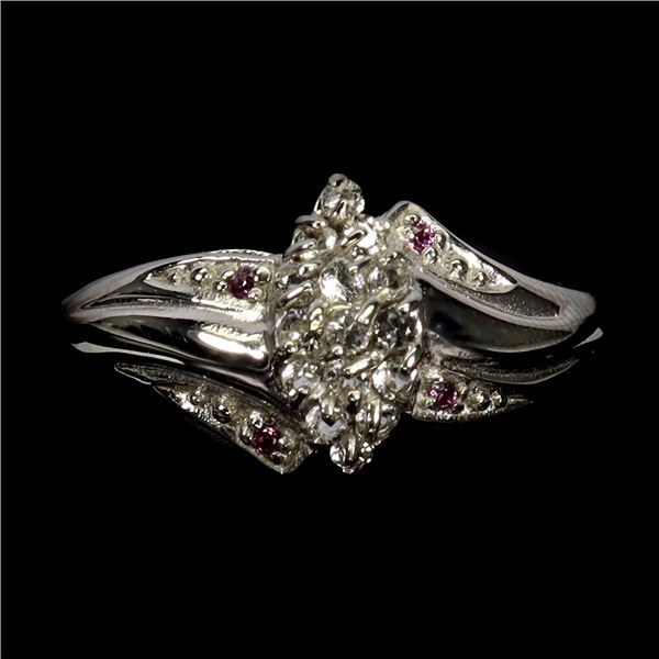 RHODOLITE GARNET AND WHITE TOPAZ RING IN 14K WHITE PLATED GOLD OVER 925 STERLING SILVER â€[