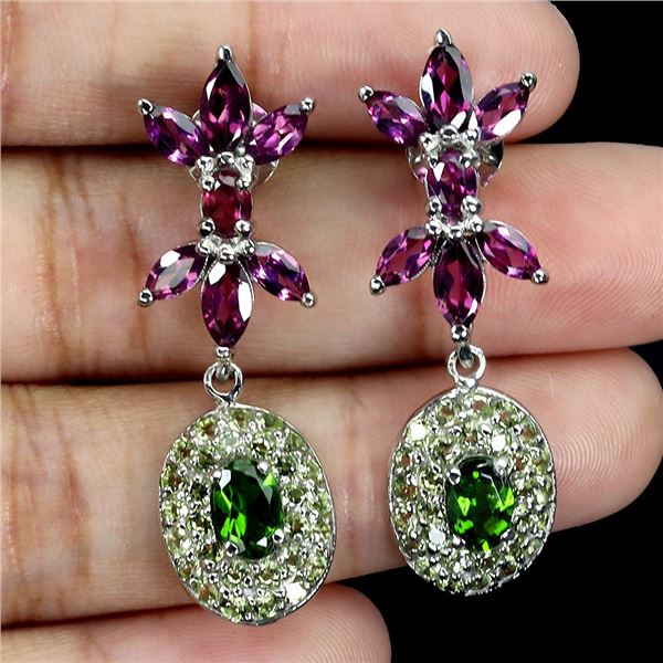 CHROME DIOPSIDE, PERIDOT, RHODOLITE GARNET EARRINGS IN 14K WHITE PLATED GOLD OVER 925 STERLING SILVE