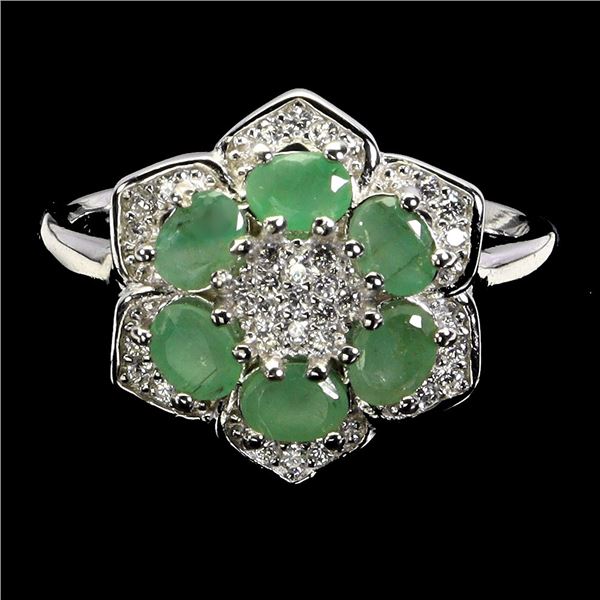EMERALD RING EMERALD IN 14K WHITE PLATED GOLD OVER 925 STERLING SILVER - SIZE 7 - APPRAISED REPLACEM