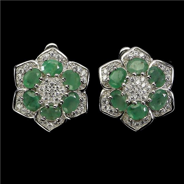 EMERALD EARRINGS IN 14K WHITE PLATED GOLD OVER 925 STERLING SILVER - APPRAISED REPLACEMENT VALUE