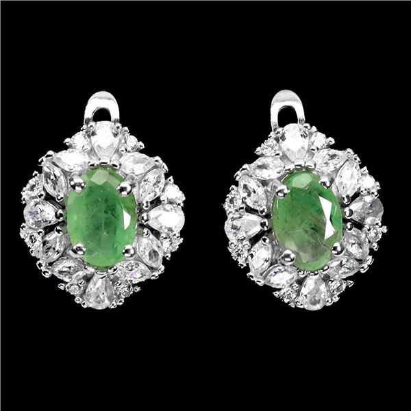EMERALD EARRINGS IN 14K WHITE PLATED GOLD OVER 925 STERLING SILVER - APPRAISED REPLACEMENT VALUE