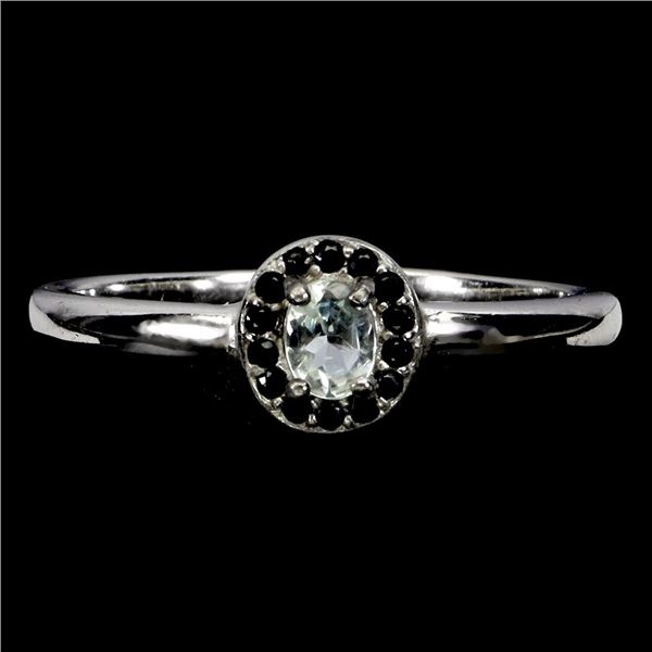 OVAL CUT AQUAMARINE AND BLACK SPINEL RING IN 14K WHITE PLATED GOLD OVER 925 STERLING SILVER â[x=#836