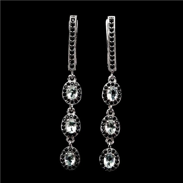 OVAL CUT AQUAMARINE AND BLACK SPINEL EARRINGS IN 14K WHITE PLATED GOLD OVER 925 STERLING SILVER â[x=