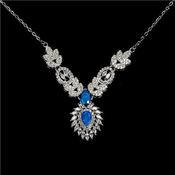 PEAR CUT BLUE OPAL NECKLACE IN 14K WHITE PLATED GOLD OVER 925 STERLING SILVER â€“ 