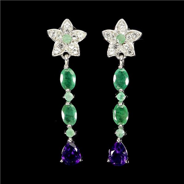 EMERALD AND AMETHYST EARRINGS IN 14K WHITE PLATED GOLD OVER 925 STERLING SILVER â€[x=#8220/